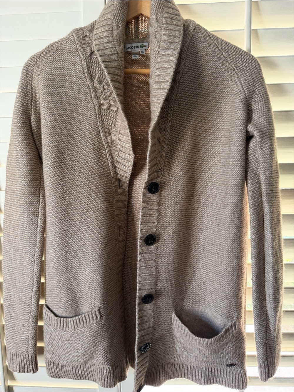 Lacoste Women’s Shawl Collar Button-Up Sweater - oatmeal